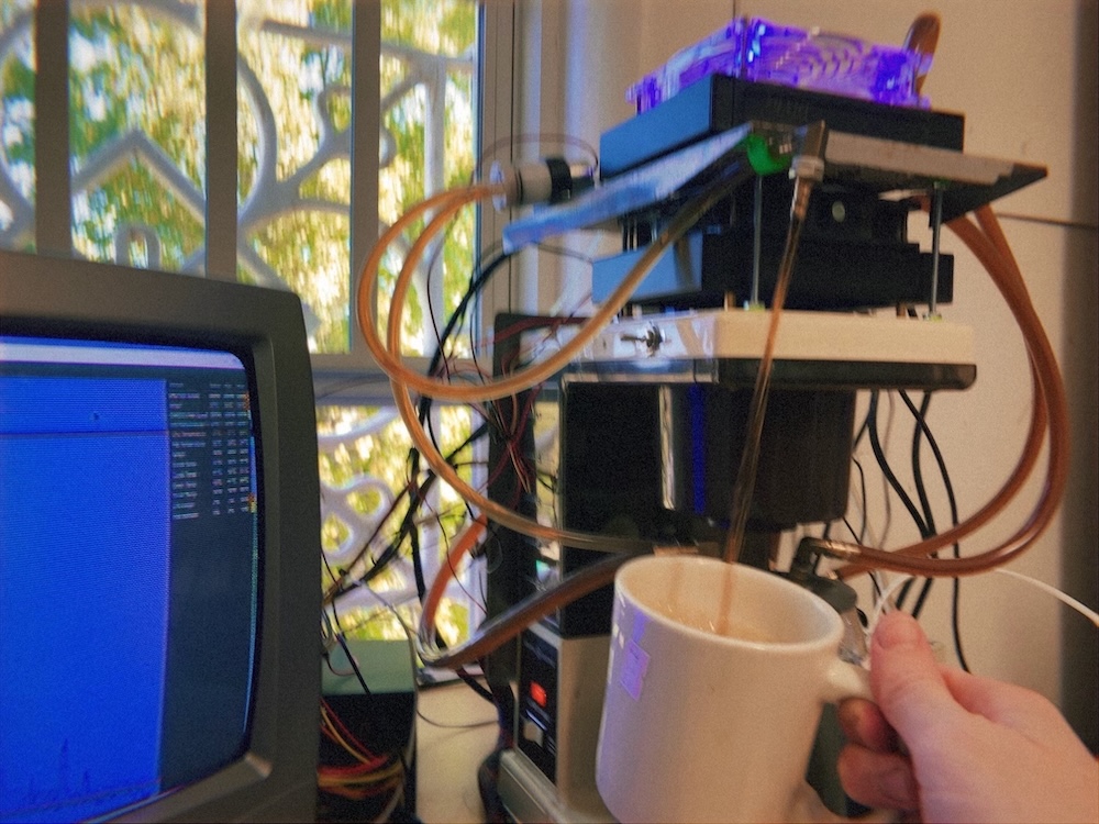Coffeematic PC coffee maker computer dispensing liquid, created by artist Doug MacDowell
